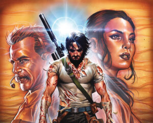 Keanu Reeves Comic Book BRZRKR cover with hero center and two faces in profile behind him