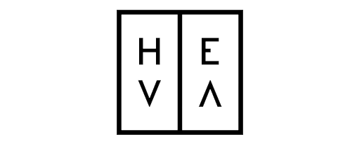 HEVA logo with capital letters arranged in a box