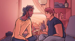 Illustration of two men sitting face to face in Finding Home, a queer fantasy comic