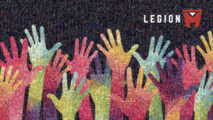 Legion M & diversity mosaic of brightly painted hands in the air