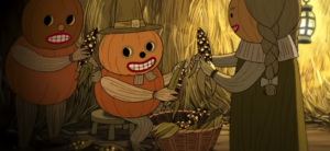 Cartoon image of Halloween setting featuring living jack o lanterns and corn