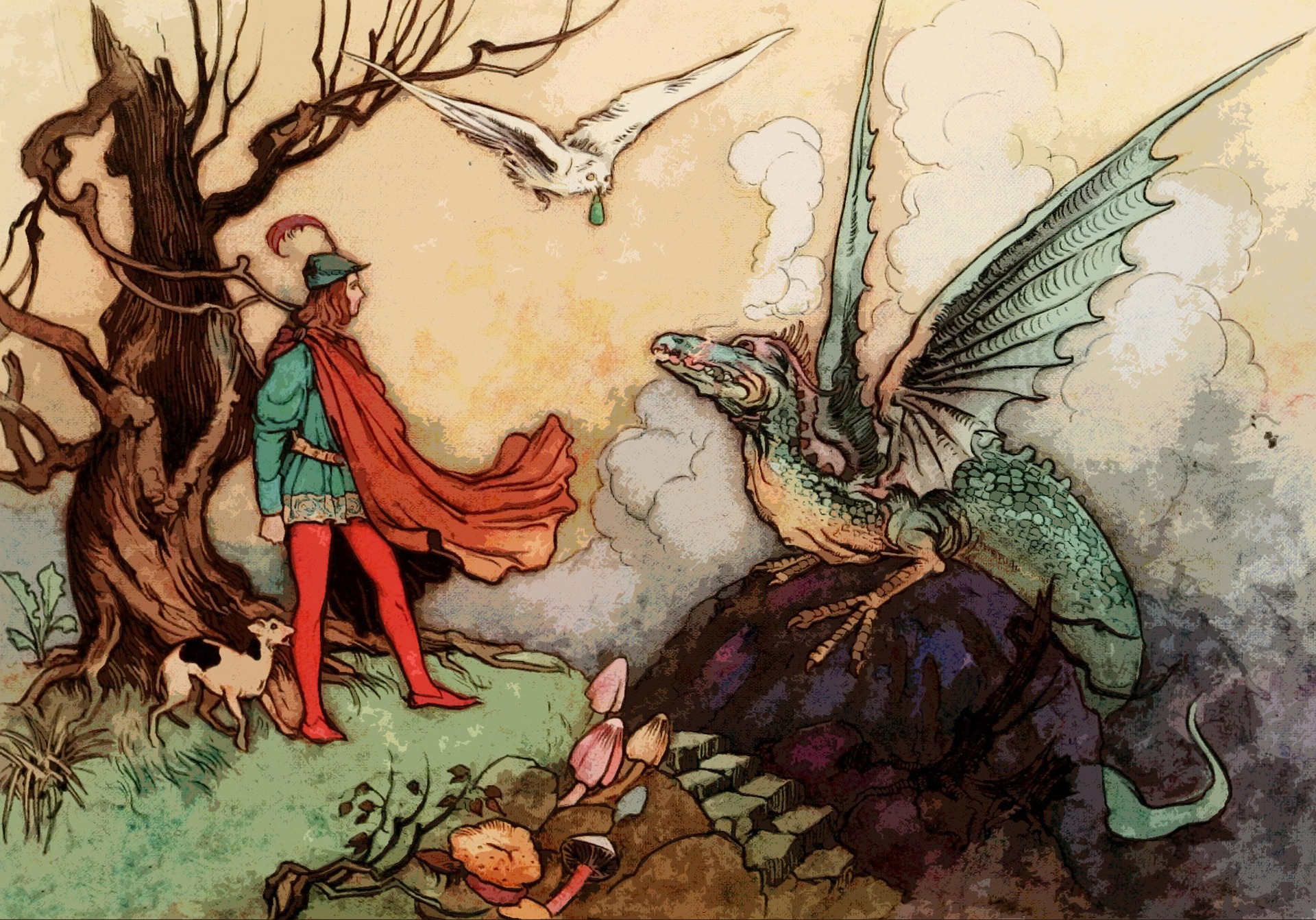 Old charming, enchanted fairy tale illustration of man facing dragon
