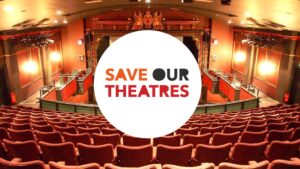 #SaveOurTheatres written in circle over a photo of theatre seats and stage