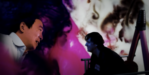 Presidential democratic candidate Andrew Yang as a hologram discussing politics, UBI and the arts with musician Julian Casablancas