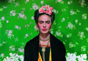 Artist Frida Khalo self-portrait artwork with green background