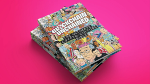 Blockchain Unchained book cover showing cartoon by Vitalik Buterin and Dorian Satoshi Nakamoto