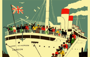 Windrush art by Eliza Southwood large ship arriving in the UK from Caribbean before scandal