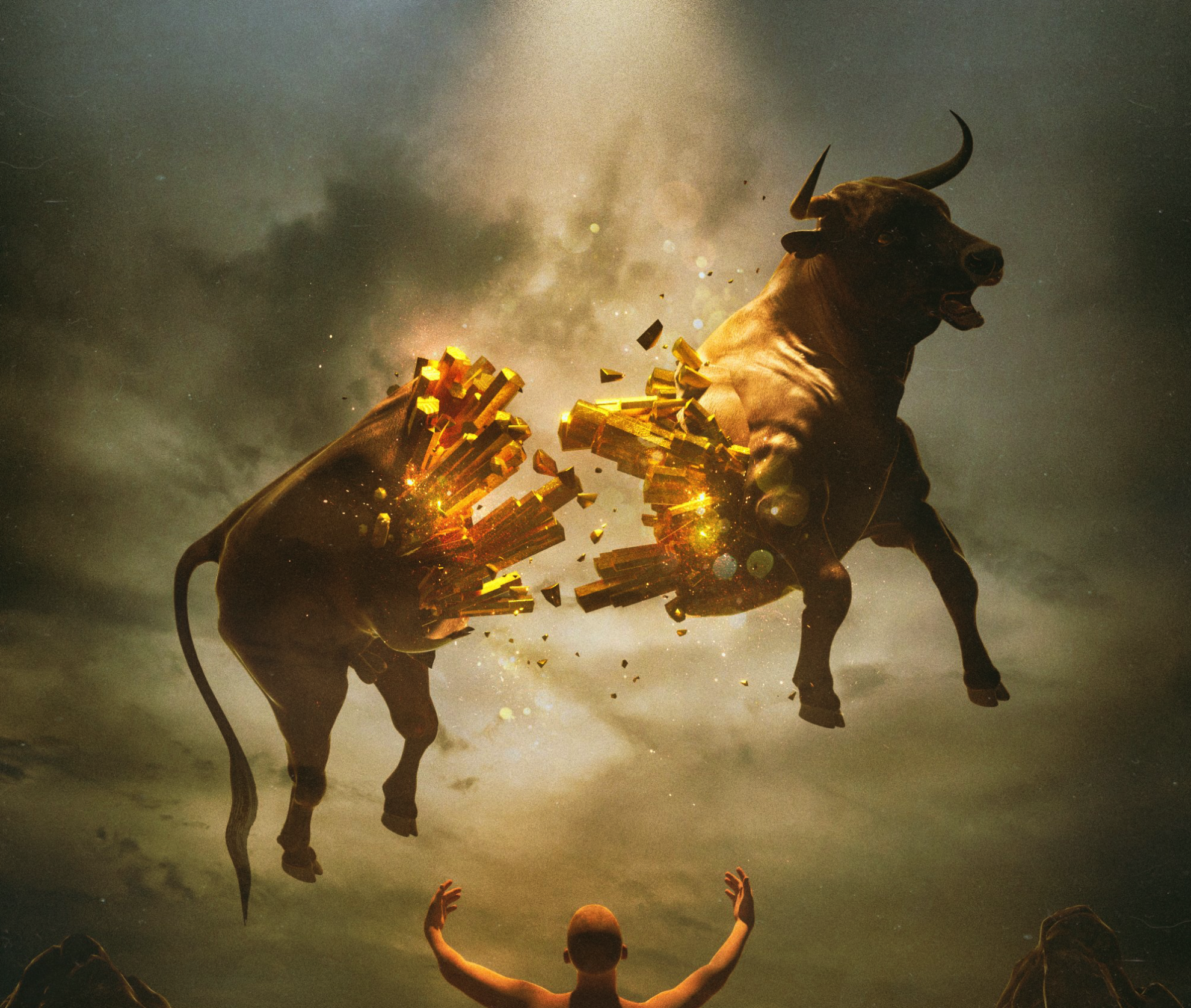 crypto art by beeple featuring a bull being ripped in half by a wizard man