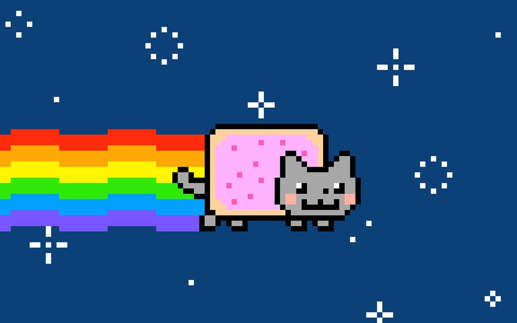 Cartoon cat with pop tart body flying through space leaving rainbow trail