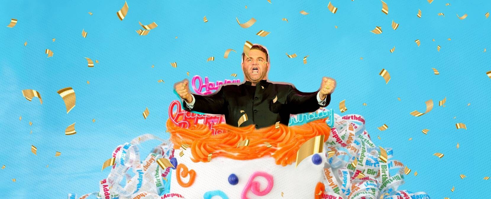 Opera singer popping out of giant cake singing happy birthday
