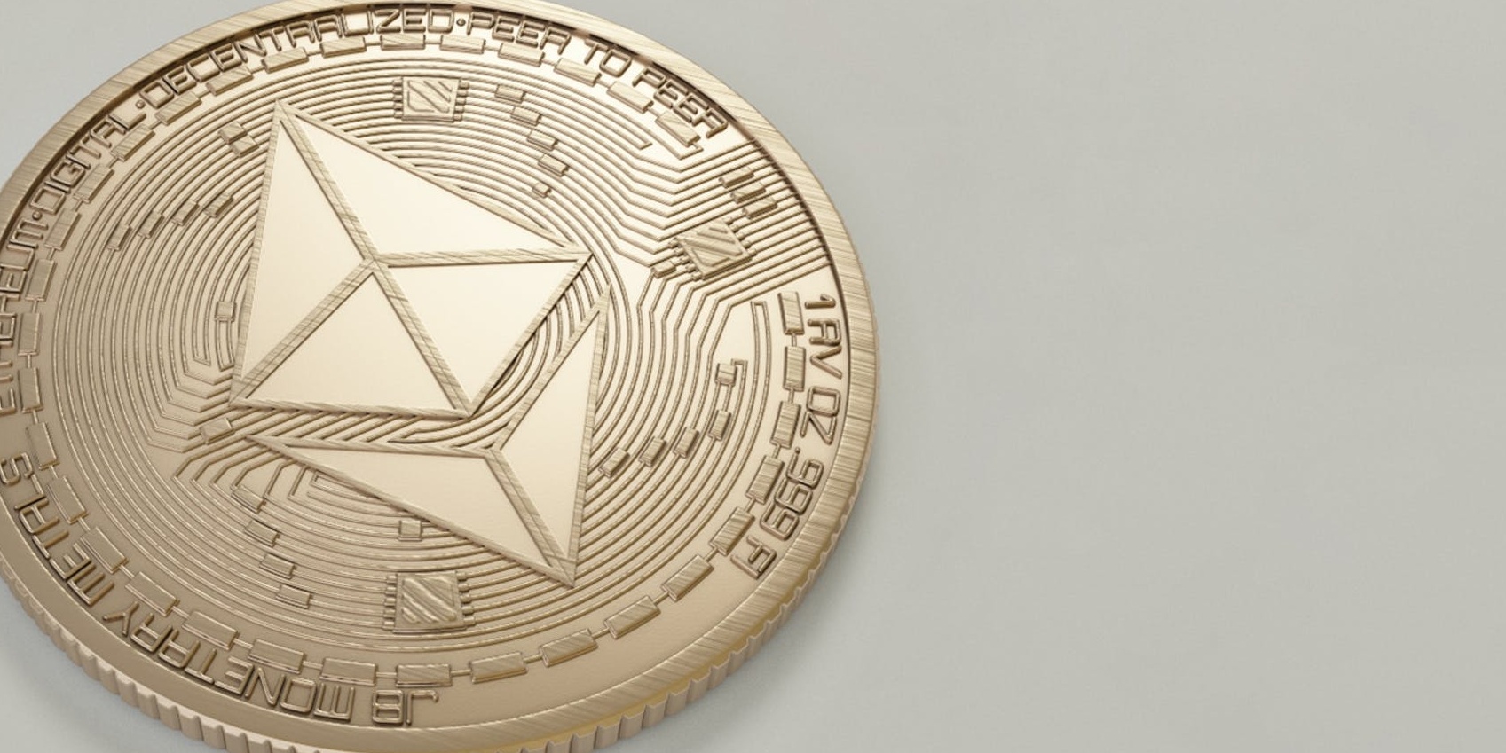 Picture of a gold coin on a beige background. the coin has symbols related to crypto currency and is a symbol of a crypto wallet.