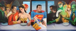 Superhero artwork by Issa Ibrahim featuring Superman, Batman, The Riddler, The Flash, Wonder Woman