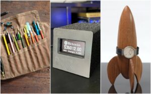 Three gifts side by side, a pencil case, clock and wooden rocket watch holder