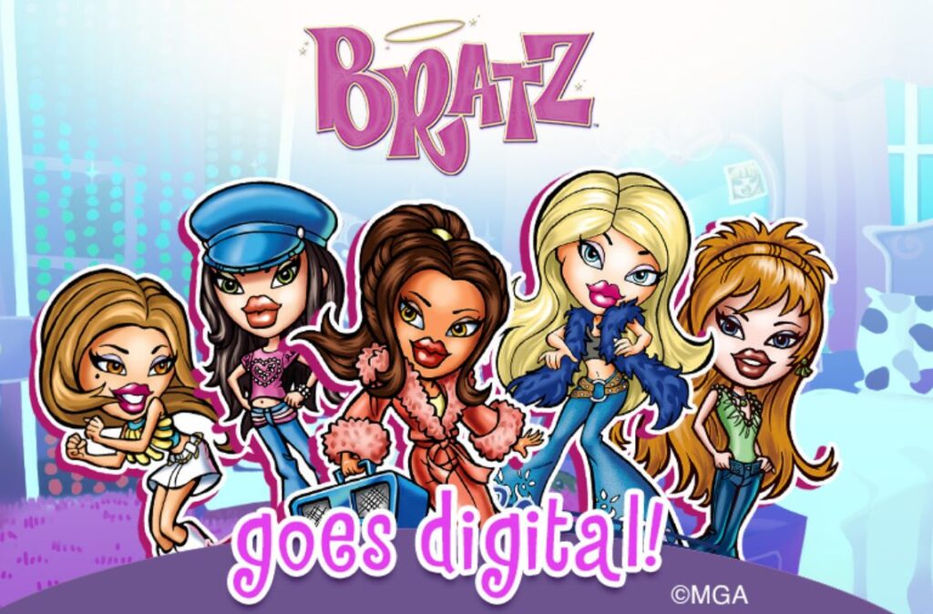 Image of the Bratz dolls brand with five characters in cartoon form