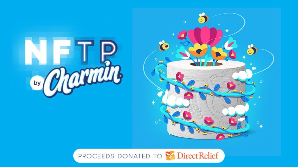 Cartoon image of a toilet roll covere din flowers and bees are part of the charmin NFT campaign