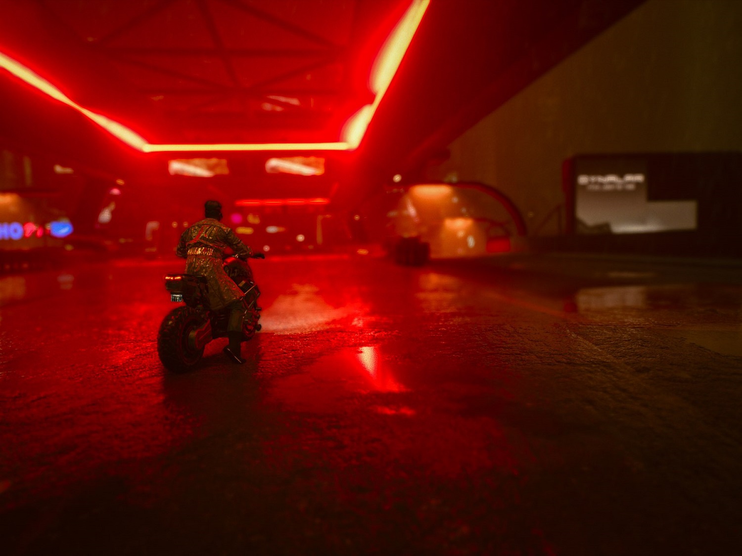 In game photography from Cyberpunk 2077 by Sam Horine. a red background with a motorcycle in front