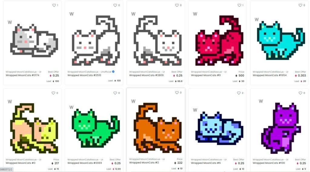 image of wrapped mooncats, pixelated NFT cats in various colors.