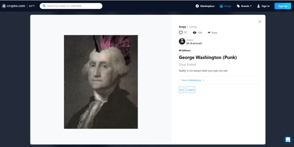 Image of a webpage featuring an NFT of George Washington with a pink mohawk