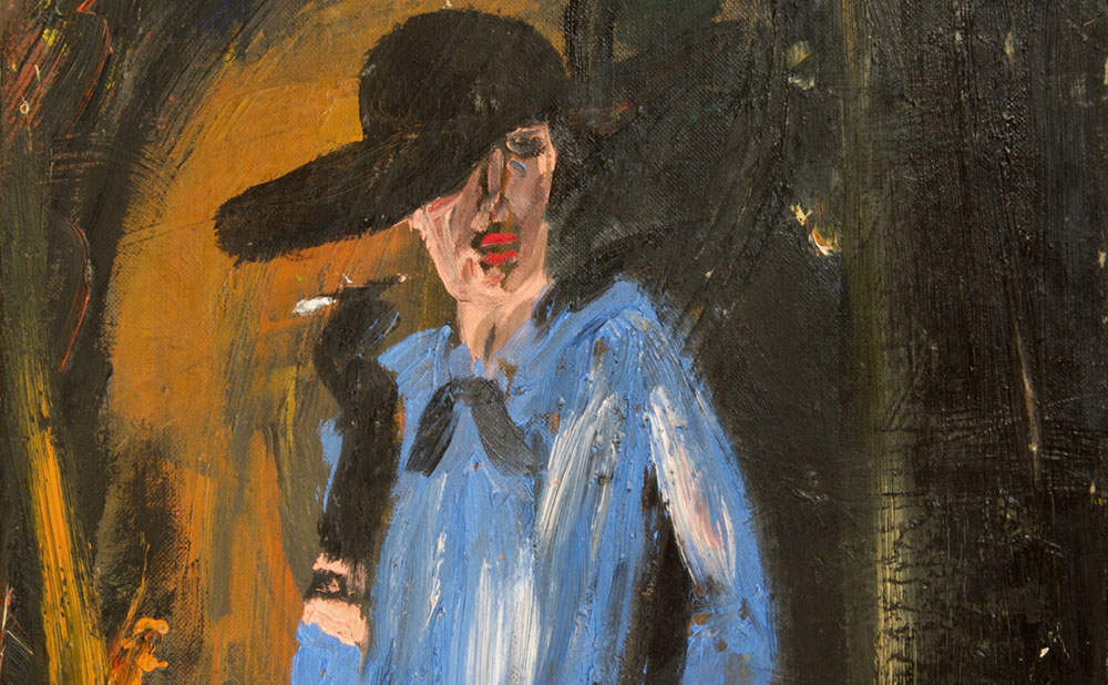 Oil painting of a woman in a blue dress with a black hat by Jack Kerouac.